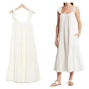 Anthropologie Womens Textured Ruffle Sleeve Tiered Midi Dress White Medium Gauzy